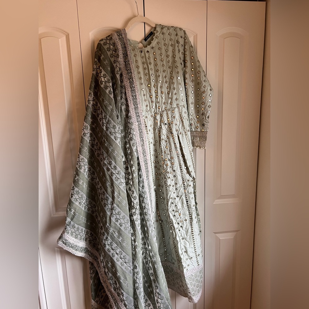Pakistani designer Sage Green Mirror Work Anarkali with Dupatta Size M